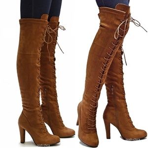 Tan Stretchy Lace Up Over Knee Combat Heel Boots